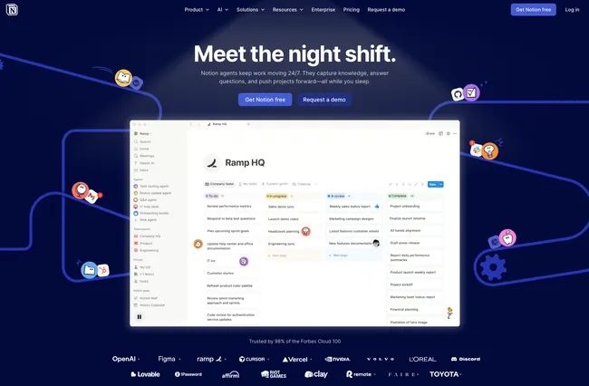 Notion's AI agents landing page: Meet the night shift